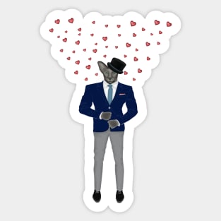 Cat with hearts in suit and hat. Cat gentleman. Sticker